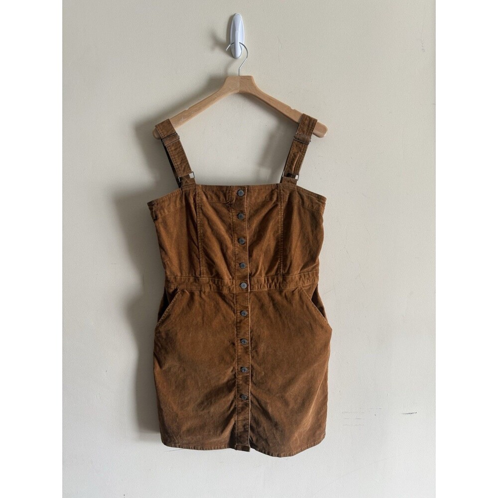 Gap Denim Jumper Dress Sz Large Brown Corduroy Fall Button Front Adjustable
